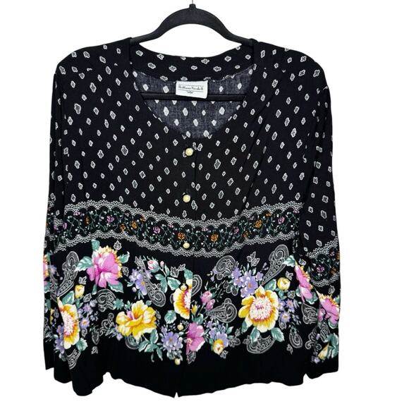 BRITTANY NICOLE II / vintage 80s black pink floral button up blouse top / L - Picture 1 of 7
